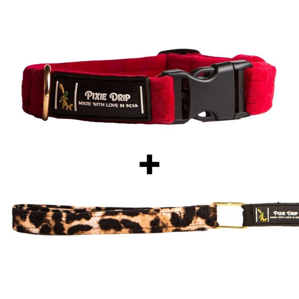 Luxury Dog Collar and Leash Set – Candy Red Velvet Collar, Luxury Velvet Cheetah Leash.