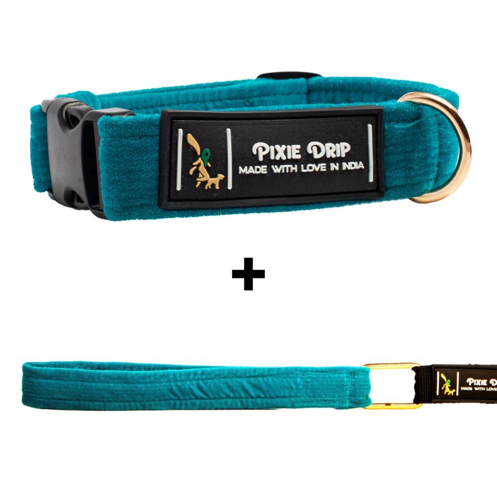 Luxury Collar and Leash Set –  Turquoise Blue Velvet