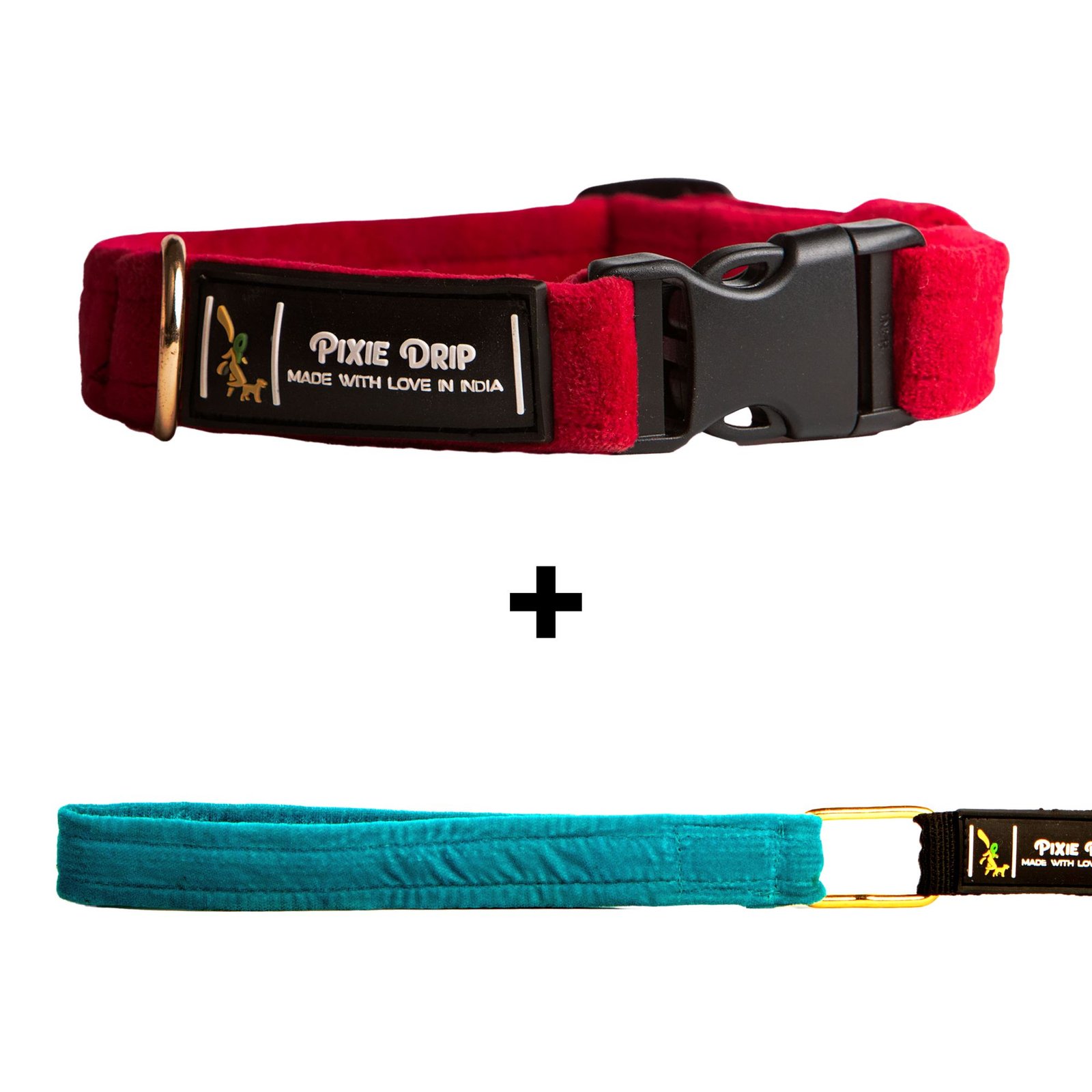 Candy Red Velvet Collar, Turquoise Blue Velvet LEash
